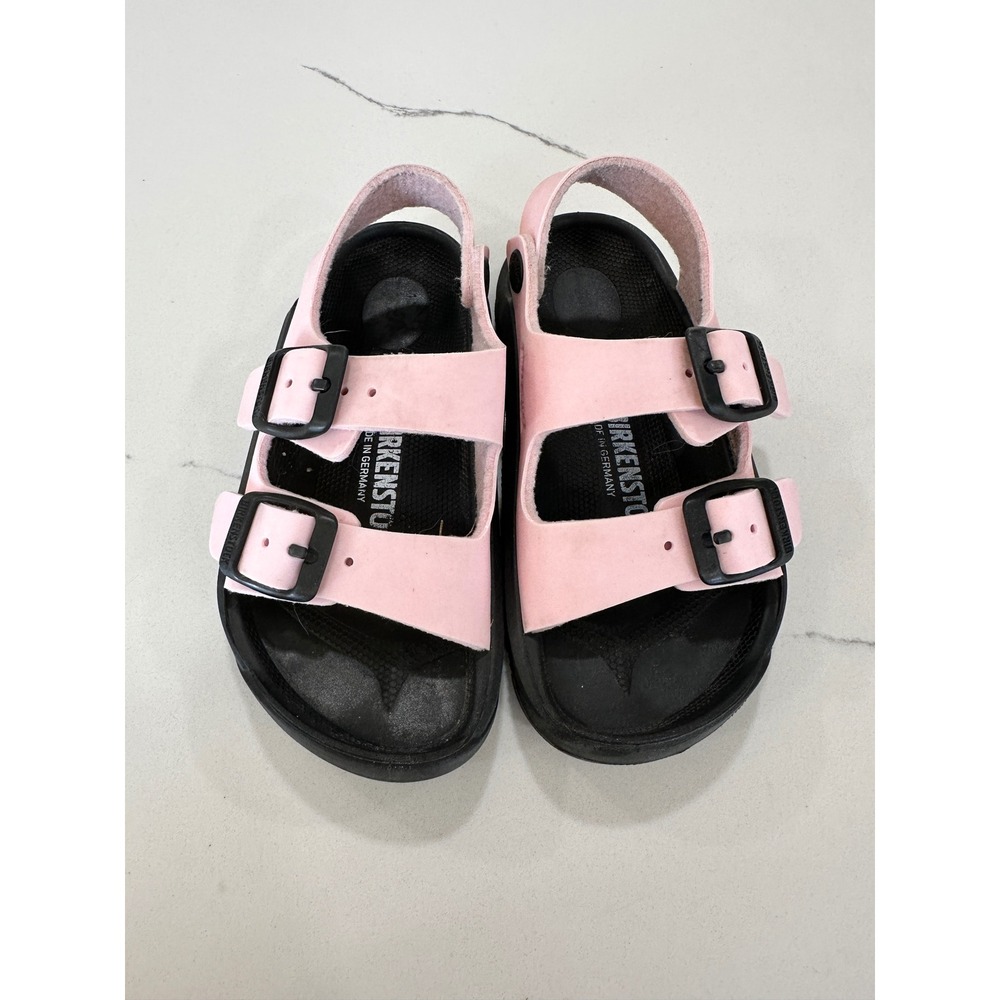 Birkenstock Kids Pink Two-Strap Sandals with Black Footbed